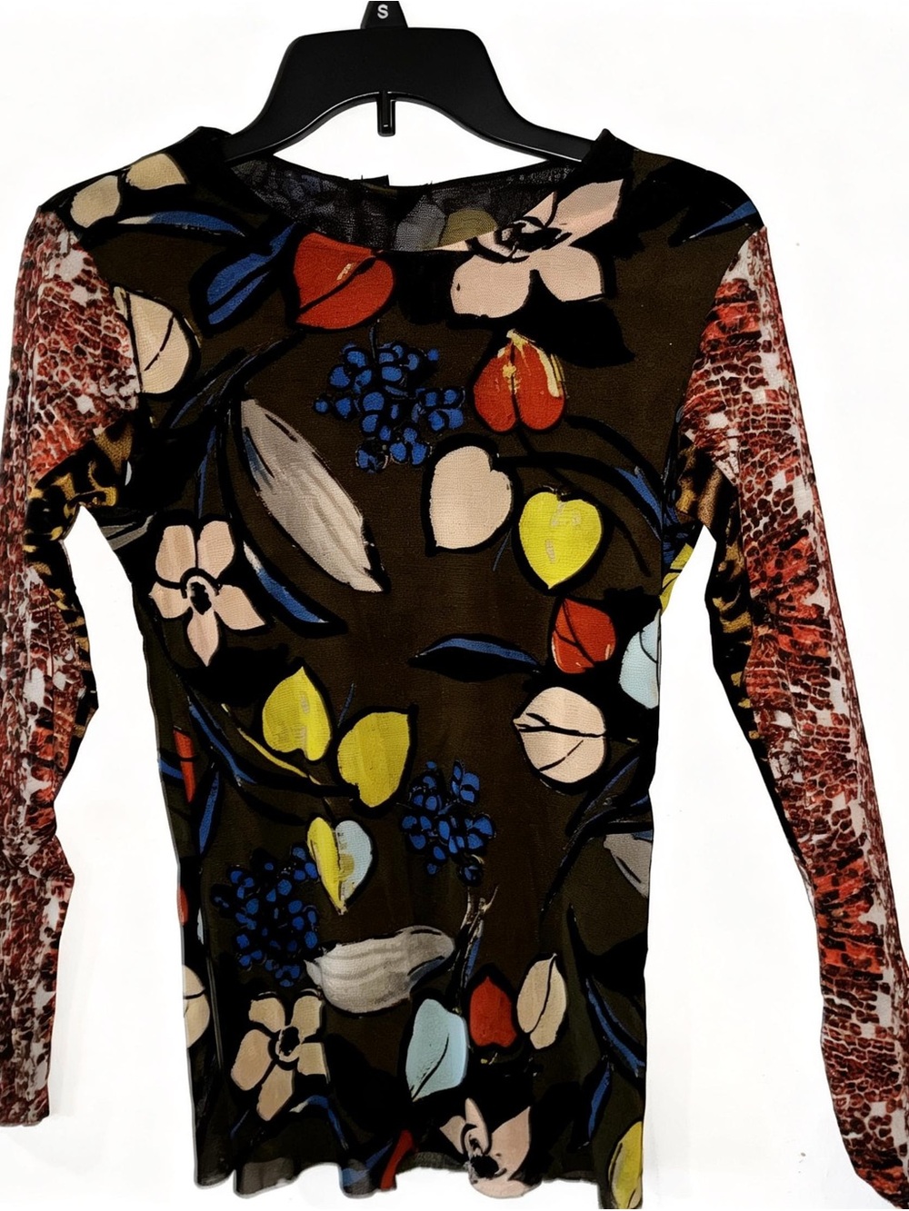 Black Floral Mixed Print Mesh Long Sleeve Top Large Stretch Y2K Large - Picture 2 of 5